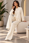 Women's Ecru Knitwear Set – Polo Neck Blouse with Pearl Button Detail and Wide-Leg Pants, 2-Piece Stylish Set - 3