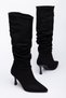 Umay Women's Black Suede Ruched Pointed-Toe Stiletto Heel Boots. - 2