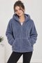 Blue Plush Hooded Long-Sleeved Cardigan with Zippered Pockets.