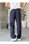 Linen Fabric Pleated Baggy Trousers, Dark Navy Blue. - 3