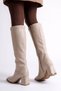 Women's Cream-Colored Block Heel Knee-High Long Boots - 3