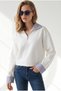 Women's White Polo Collar Crop Sweatshirt with Striped Detailing Swt-19000825 - 4