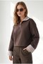 Women's Brown Polo Neck Crop Sweatshirt with Striped Detailing and Embellishments Swt-19000825 - 3