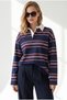 Women's Navy Blue Polo Collar Striped Sweatshirt Swt-19000826