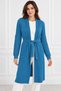 Women's Belted Long Sleeve Double Pocket Embossed Knit Pattern Stylish Casual Indigo Knitwear Long Cardigan - 6