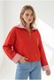 Women's Red Polo Collar Crop Sweatshirt with Striped Detailing Swt-19000825 - 3