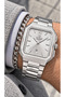 Square Model Classic Men's Watch with Calendar, Silver Steel Strap, White Dial, in a Stylish Box + Chain Bracelet.