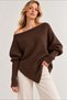 Women's Brown Asymmetrical Cut Madonna Boat Neck Soft Knit Blouse - 2
