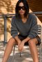 Women's V-Neck Long-Sleeved Soft-Textured Knit Anthracite Sweater - 4