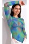 Women's Blue and Green Batik Patterned Elastic Tulle Fabric Long-Sleeved Crew Neck Bodysuit with Snap Buttons at the Bottom. - 5