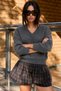 Women's V-Neck Long-Sleeved Soft-Textured Knit Anthracite Sweater - 5