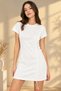 Women's White Textured Fabric Mini Dress with Ruched Details and Short Sleeves.