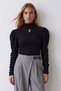 Women's Black Crew Neck Blouse with Teardrop Neckline and Princess Sleeves, Crinkled, Alc-X15992 - 3