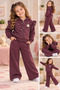 Girls' Plum Hooded Zippered Tracksuit Set with Ruffle Details and a Rabbit Pattern. - 2
