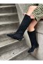 Black Suede (Annie) Flat Boots with a Pointed Toe, Below-The-Knee Length, and Fur Lining. - 4