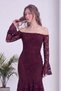 Women's Drop-Shoulder Lace-Sleeve Fishtail Corset-Style Long Evening Gown—Navy, Burgundy, Brown - 2