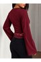 Burgundy Spanish Long-Sleeved Round-Neck Crop Top with Lace Detailing. - 2