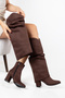 Velsora Women's Dark Brown Suede Pointed-Toe Boots with Detachable Gusset and Long Shaft, 7 cm Thick Heel.