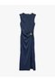 Sleeveless Crew Neck Long Draped Dress with Metallic Accessories