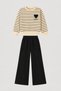Girl's Cotton Black Striped Embroidery Patterned Long Sleeve Wide Leg Sweatpants Set - 2