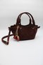Women's Suede Brown Crisscross Straps Crossbody Handbag and Shoulder Bag with Knot Detail and Cherry Charm Accent