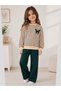 Girl's Cotton Green Striped Butterfly Embroidery Patterned Long Sleeve Wide Leg Tracksuit Set