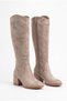 Women's Knee-High, Chunky-Heel, Round-Toe, Zippered Long Boots - Noa - Beige Suede