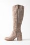 Women's Knee-High, Chunky-Heel, Round-Toe, Zippered Long Boots - Noa - Beige Suede - 2