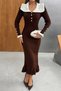 Women's Brown Princess-Neckline Button-Decorated Long-Sleeved Elegant Knit Dress. - 3