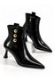 Women's Shiny Patent Leather Gold Button Detail Pointed-Toe Stiletto Heel Zippered Boots. - 5