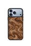 غطاء هاتف iPhone 18 Pro Vorian Black Hole بتصميم رخام بني ونقوش موجية.