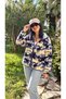 Women's Floral Patterned Soft-Textured Plush Sweatshirt Jacket with Pockets.