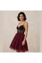 Tulle-Tiered Lace Corset Mini Dress – Burgundy - 2