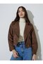 Brown Solid Long Sleeves Short Suede Biker Jacket