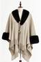 Women's Wide Fur-Trimmed Tasseled Knit Poncho with Tie-Detail Collar Winter Cape Shawl - 6