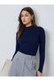 Navy Blue Ribbed Fitted High Neck Sweater