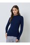 Navy Blue Ribbed Fitted High Neck Sweater - 3
