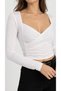 Women's Ecru Double-Breasted Wrap Neckline, Plunging Neckline, Long-Sleeved Sandy Fabric Blouse - 3