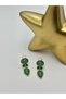 Green Stone Oval-Cut Steel Earrings, Gold - 3