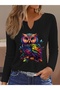 Printed Cotton-Stretch Fabric Half-V-Neck Long-Sleeve Blouse