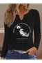 Printed Cotton-Stretch Fabric Half-V-Neck Long-Sleeve Blouse