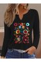 Printed Cotton-Stretch Fabric Half-V-Neck Long-Sleeve Blouse