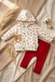 Bibo Teddy Bear Embroidered Letter-Printed Hooded Cardigan and Red Pants 3-Piece Cotton Baby Set - 4
