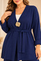 Plus-Size Cardigan-Style Knit Set with Brooch Details, Navy Blue - 3