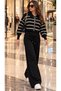 Women's polo collar, striped button-down knit two-piece set with wide-leg pants and long sleeves