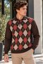 Men’s Polo Collar Wool Sweater with Diamond Patterned Design on the Front, Medium Brown - 2
