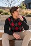 Men’s Polo Collar Wool Sweater with Diamond Patterned Front, Black/Red - 2