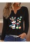 Printed Cotton-Stretch Fabric Half-V-Neck Long-Sleeve Blouse