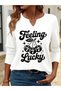 Printed Cotton-Stretch Fabric Half-V-Neck Long-Sleeve Blouse