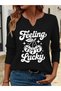 Printed Cotton-Stretch Fabric Half-V-Neck Long-Sleeve Blouse